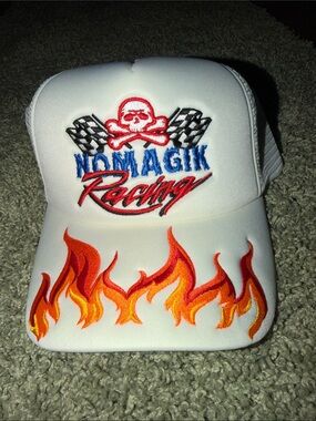White Racing Embroidered Flame Trucker Hat